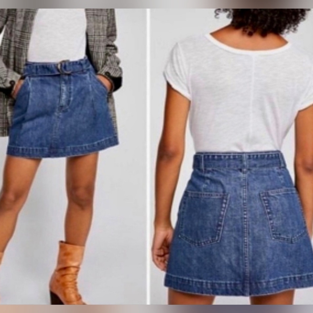 Free People Denim Mini Skirt Belted High Rise Blue Jean Skirt Size 29 - Picture 1 of 10